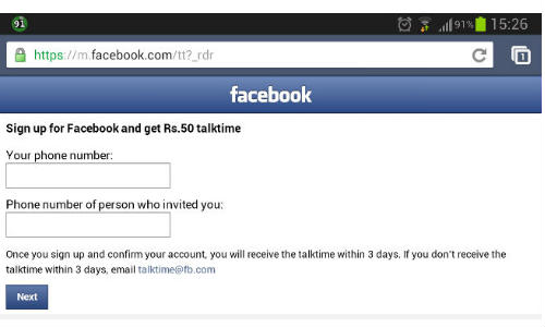 എല്ലാ പുതിയ മൊബൈല്‍ ഫേസ്ബുക്ക് ഉപയോക്താക്കള്‍ക്കും 50 രൂപ ടോക് ടൈം സൗജന്യം  