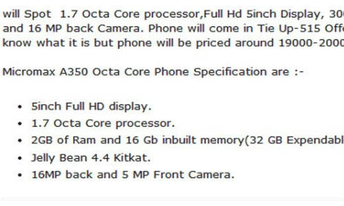 ഒക്റ്റ കോര്‍ പ്രൊസസറുമായി മൈക്രോമാക്‌സിന്റെ A350 സ്മാര്‍ട്‌ഫോണ്‍