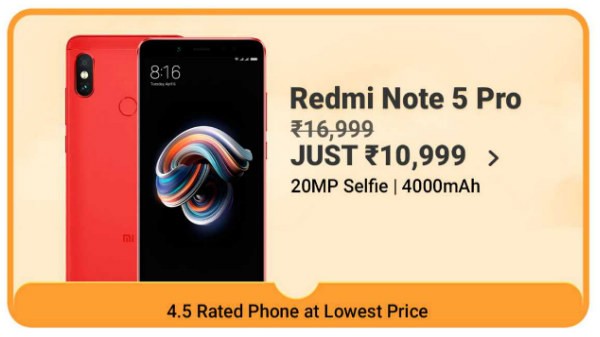 റെഡ്മി നോട്ട് 5 പ്രോ (വില: 16,999 രൂപ, ഡിസ്കൌണ്ട് വില: 10,999 രൂപ)